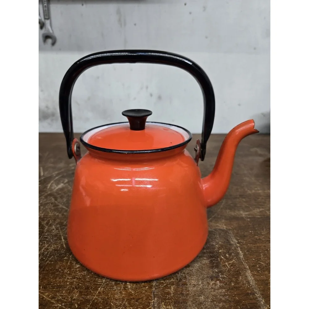 Vintage Huta Silesia Poland Orange Enamelware Tea Kettle Teapot Retro MCM